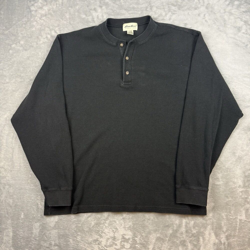 Vintage Eddie Bauer Waffle Knit Henley Shirt Mens XL Black Long Sleeve